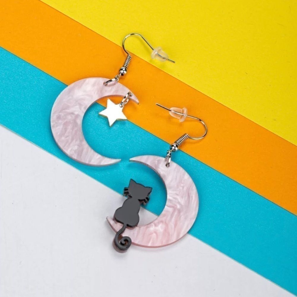 BLACK cat half moon earrings pink - Picture 3 of 3